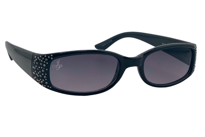 jeepers peepers BLACK OVAL FRAME WITH DIAMONTE AND PURPLE LENSES