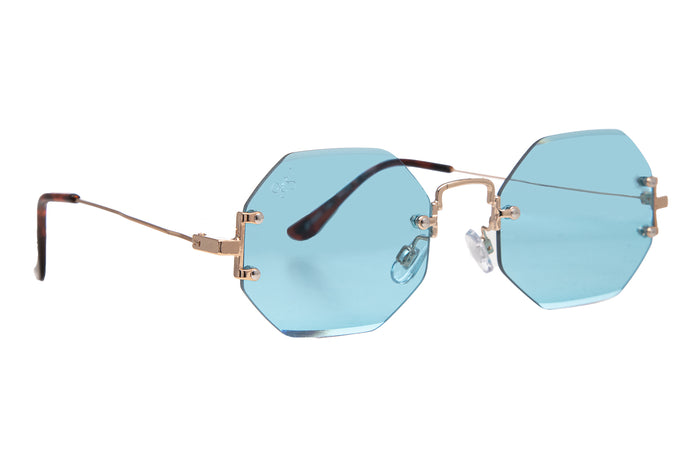 jeepers peepers GOLD RIMLESS FRAME WITH BLUE LENSES