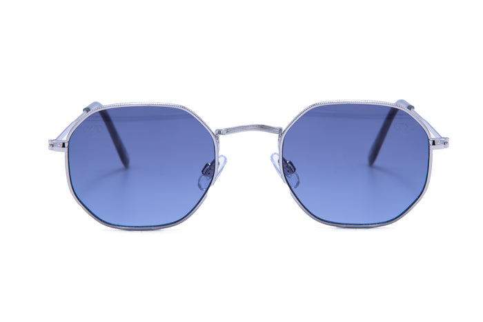Jeepers Peepers SILVER HEXAGON SHAPE FRAMES WITH BLUE LENSES