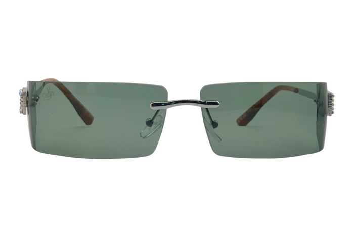 Jeepers Peepers SILVER VISOR FRAME WITH DIAMANTE AND GREEN LENSES