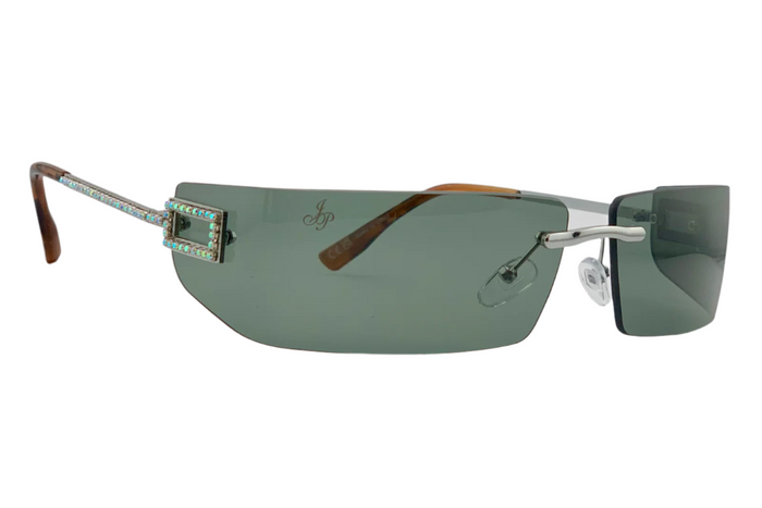 Jeepers Peepers SILVER VISOR FRAME WITH DIAMANTE AND GREEN LENSES