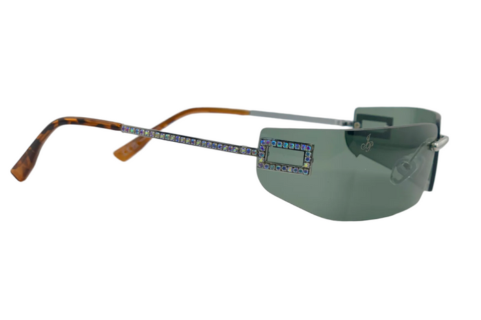 Jeepers Peepers SILVER VISOR FRAME WITH DIAMANTE AND GREEN LENSES