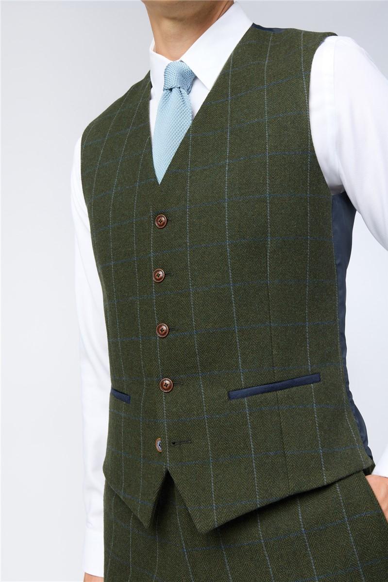 Jeff Banks Slim Fit Hooper Green And Blue Check Tweed Waistcoat