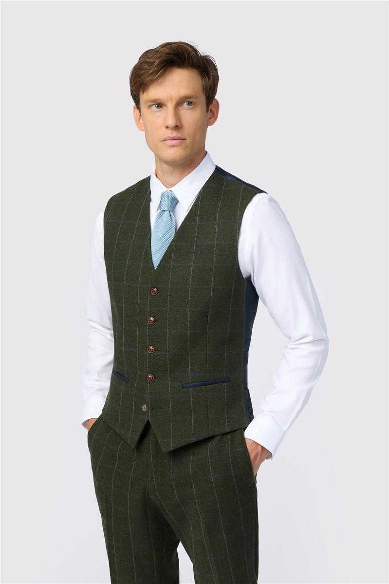 jeff banks Slim Fit Hooper Green And Blue Check Tweed Waistcoat