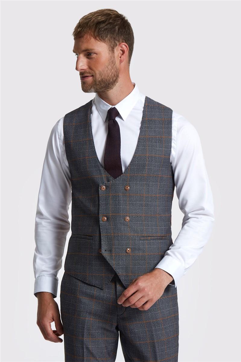 jeff banks Slim Fit Jenson Grey Check Double Breasted Waistcoat