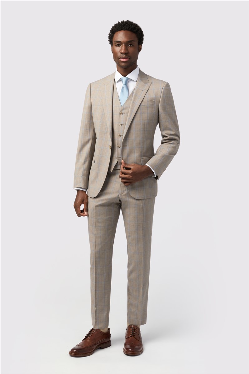 Jeff Banks Tailored Fit Italian Oatmeal Blue Check Suit