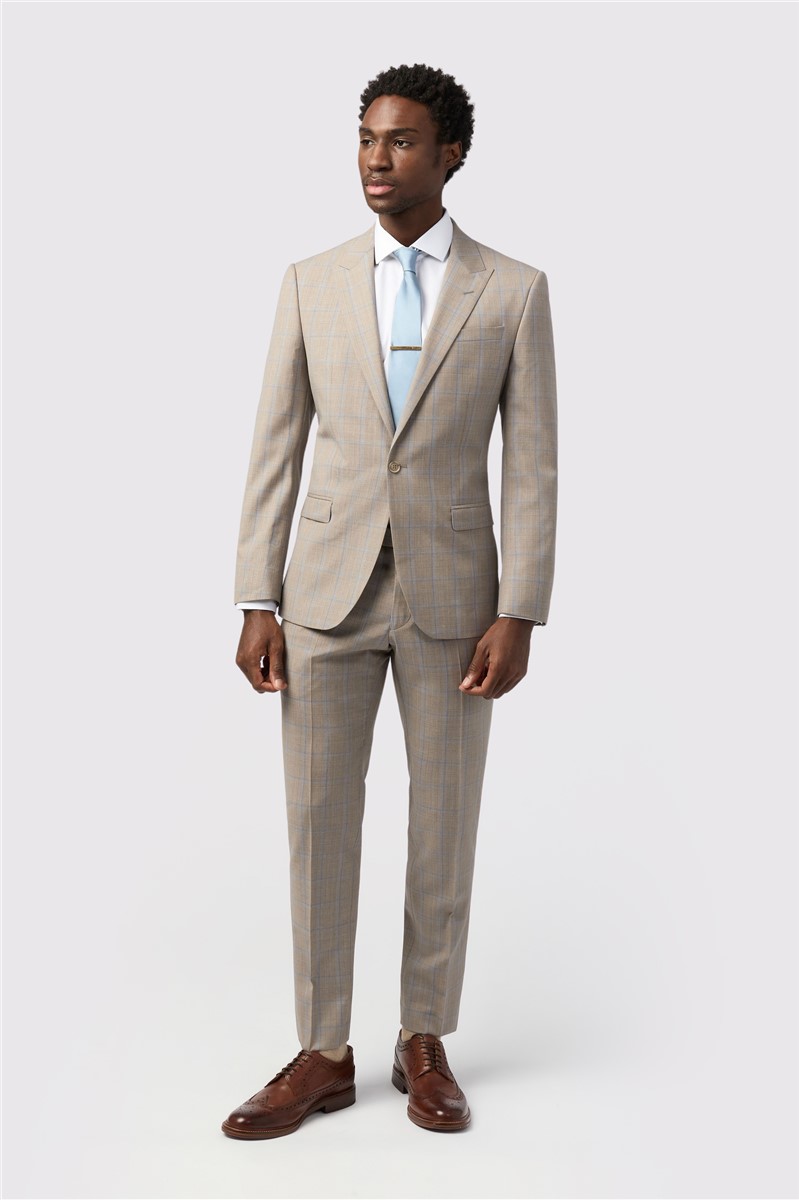 Jeff Banks Tailored Fit Italian Oatmeal Blue Check Suit