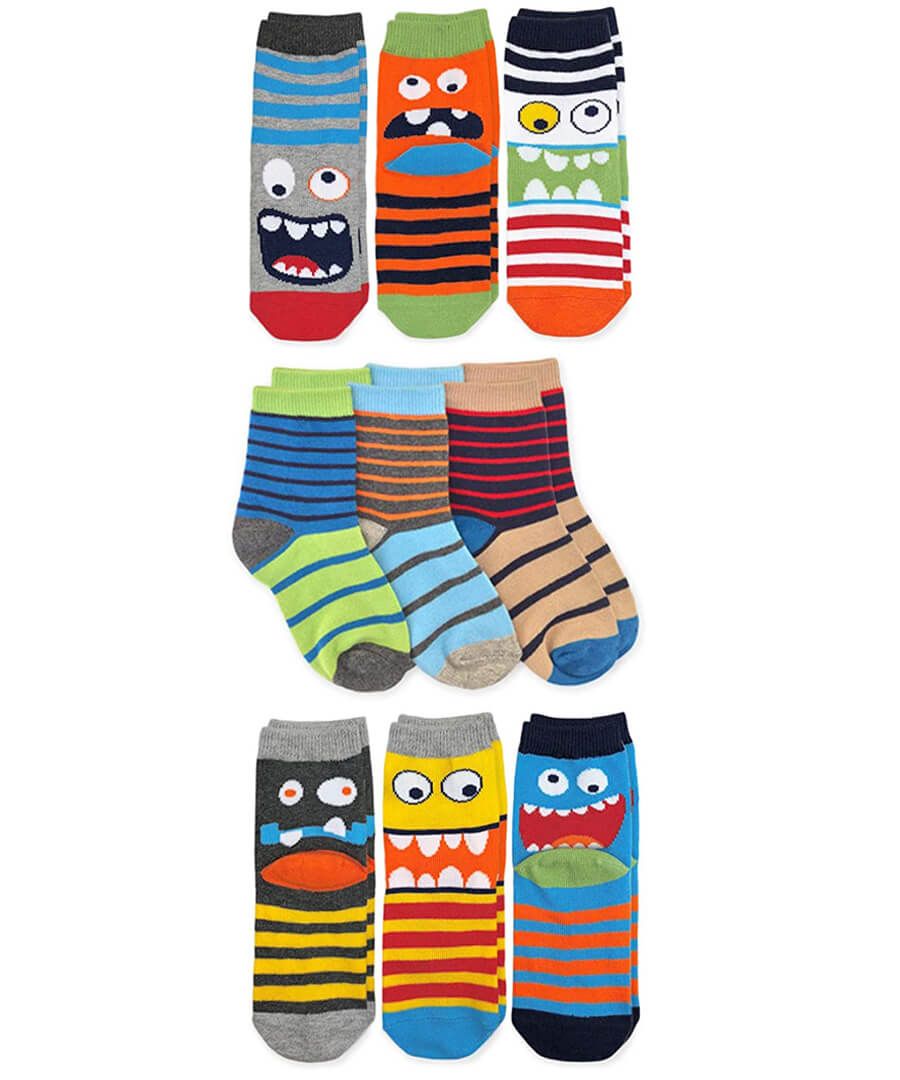 jefferies socks Jefferies Socks Fun Monster Faces and Stripes Pattern Crew Socks 9 Pair Pack