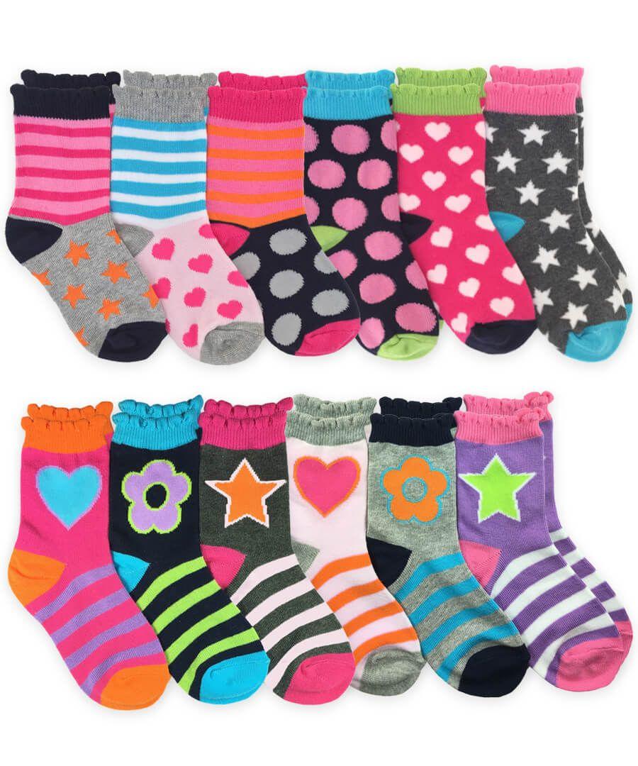 jefferies socks Jefferies Socks Hearts Daisies Dots Stripes Pattern Bulk Variety Crew Socks 12 Pair Pack