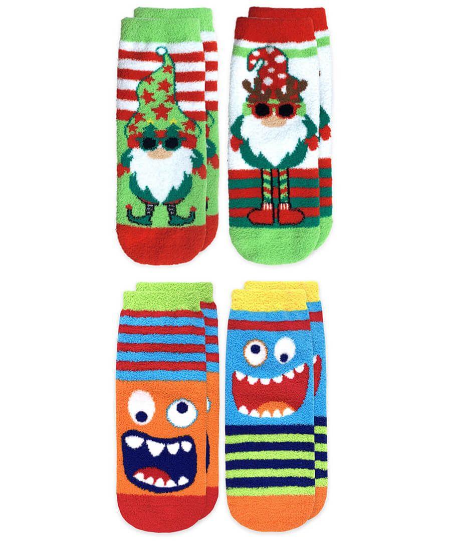 jefferies socks Jefferies Socks Holiday Gnome Monster Stripe Fuzzy Non-Skid Slipper Socks 4 Pair Pack
