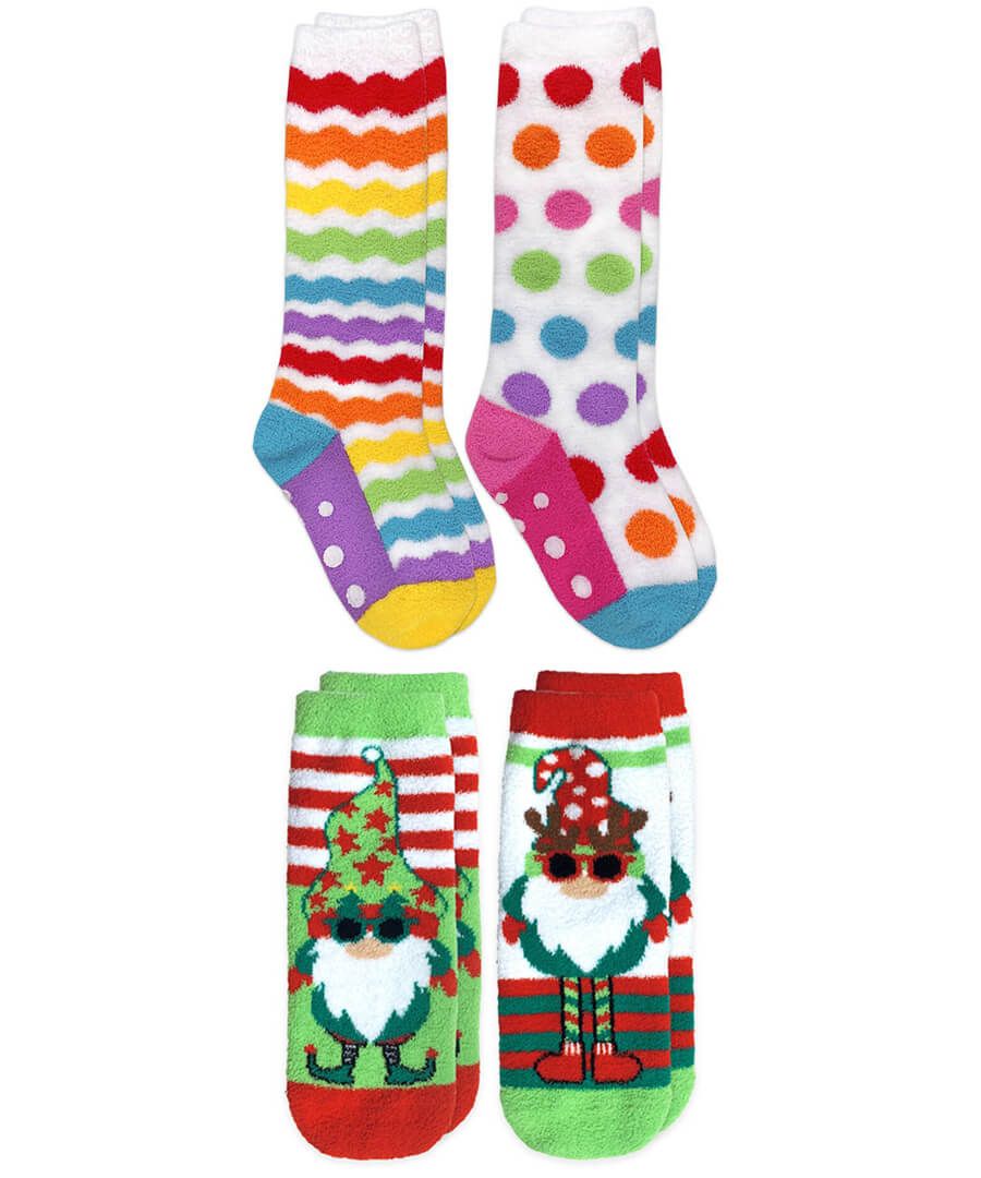 jefferies socks Jefferies Socks Holiday Gnome Rainbow Stripe Fuzzy Non-Skid Slipper Socks 4 Pair Pack