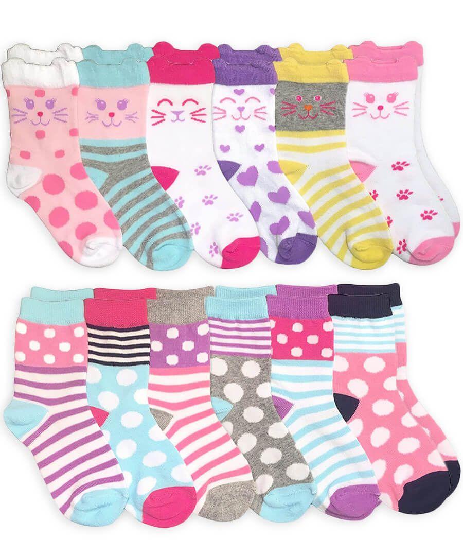 jefferies socks Jefferies Socks Kitty Cats Polka Dots Stripes Pattern Variety Crew Socks 12 Pair Pack