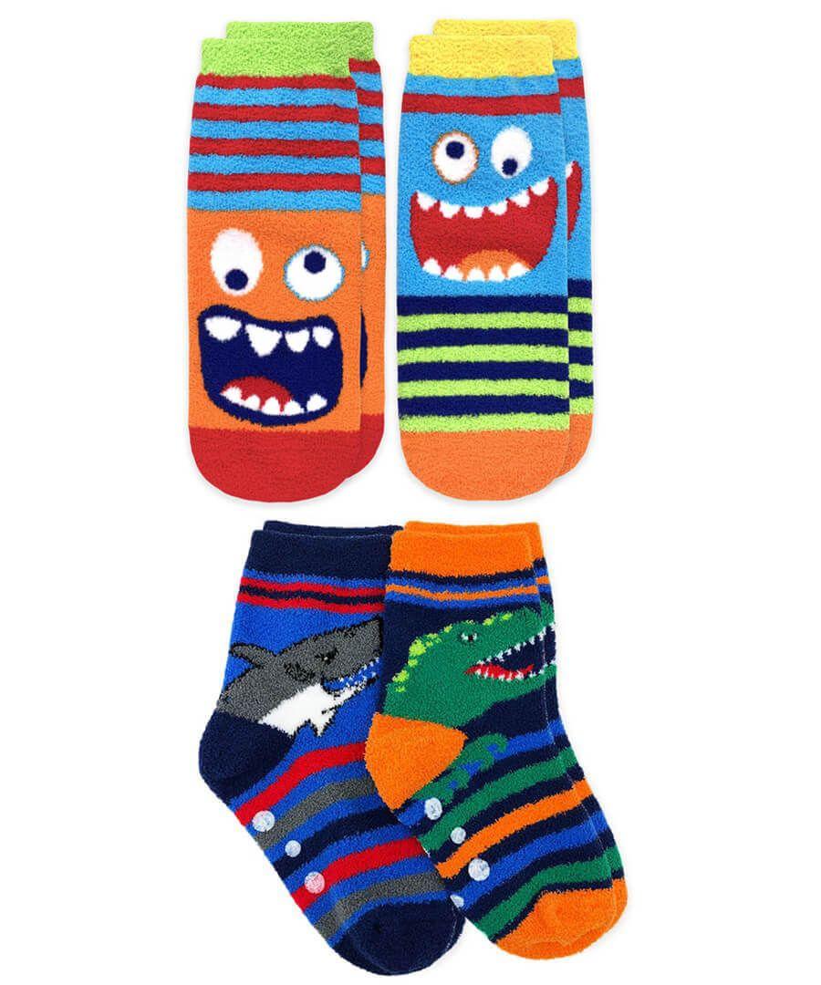 jefferies socks Jefferies Socks Monster and Dinosaur Shark Fuzzy Non-Skid Slipper Socks 4 Pair Pack