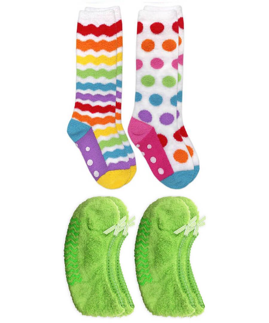 jefferies socks Jefferies Socks Polka Dot Stripe Knee High and Footie Fuzzy Slipper Socks 4 Pair Pack