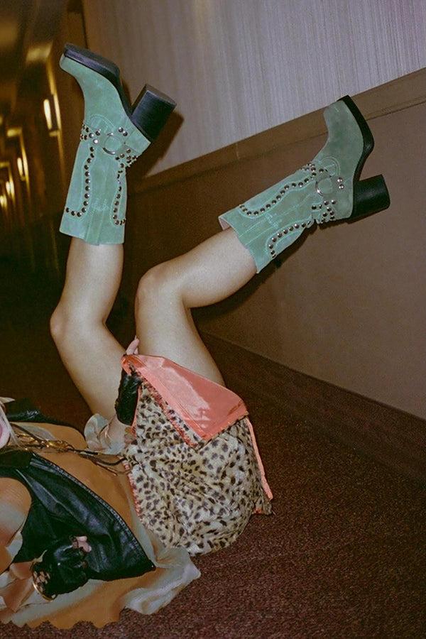 Jeffrey Campbell JUVENILE-S Mid-Calf Boot Green Suede Silver