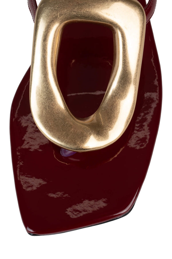 Jeffrey Campbell LINQUES-2 Flat Sandal Cherry Red Patent Gold