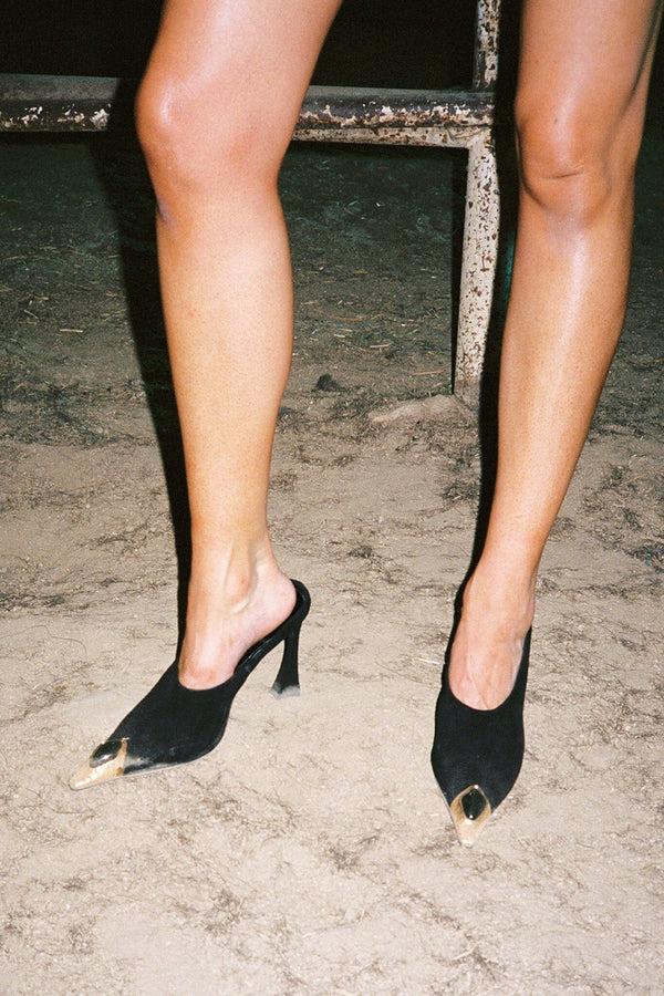 Jeffrey Campbell NAIAD Heeled Mule Black Suede Gold Black