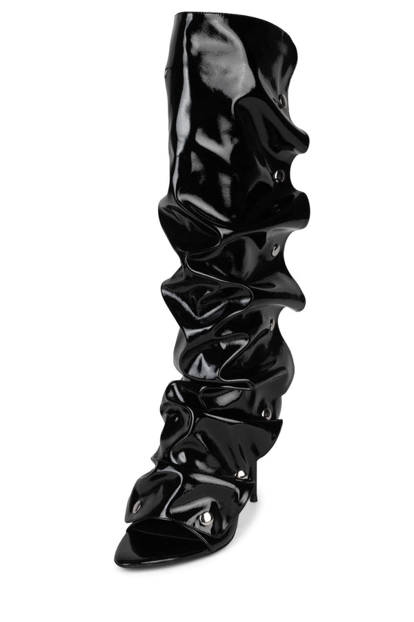 Jeffrey Campbell OVERLAP Knee-High Boot Black Crinkle Patent