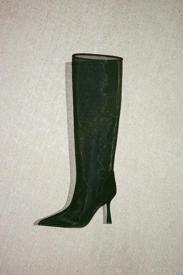 Jeffrey Campbell PEEPSHOW Knee-High Boot Black Mesh Suede Combo