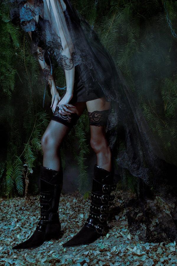 Jeffrey Campbell SEATBELT Knee-High Boot Black Suede Black Patent