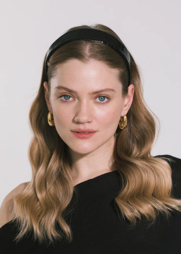 Jennifer Behr Embossed Leather Cruz Headband Black Croc