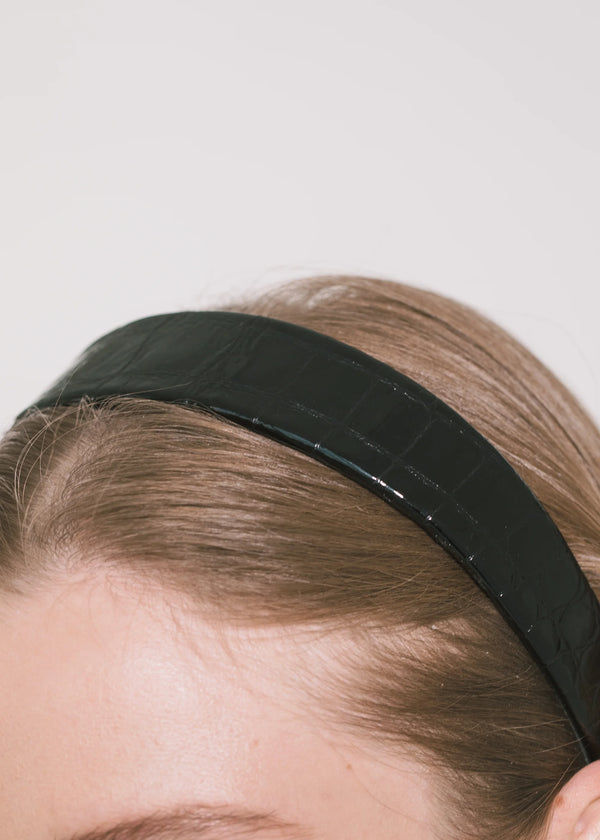 Jennifer Behr Embossed Leather Cruz Headband Black Croc