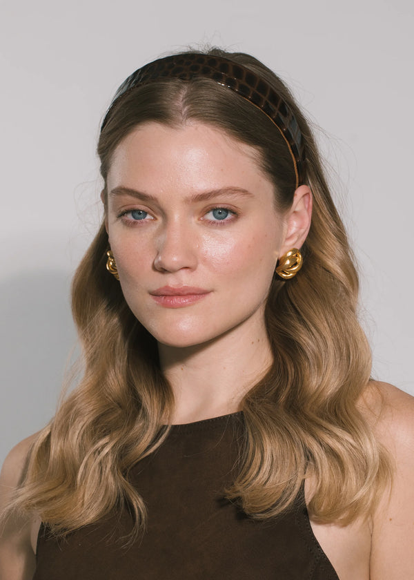 Jennifer Behr Embossed Leather Cruz Headband Brown Croc