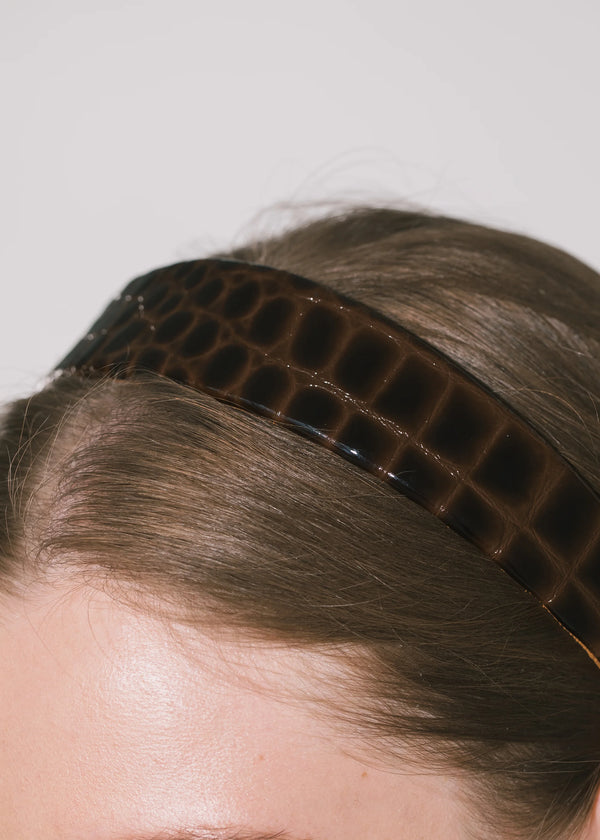 Jennifer Behr Embossed Leather Cruz Headband Brown Croc