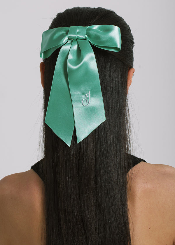 Jennifer Behr Initial April Satin Bow Barrette Celadon