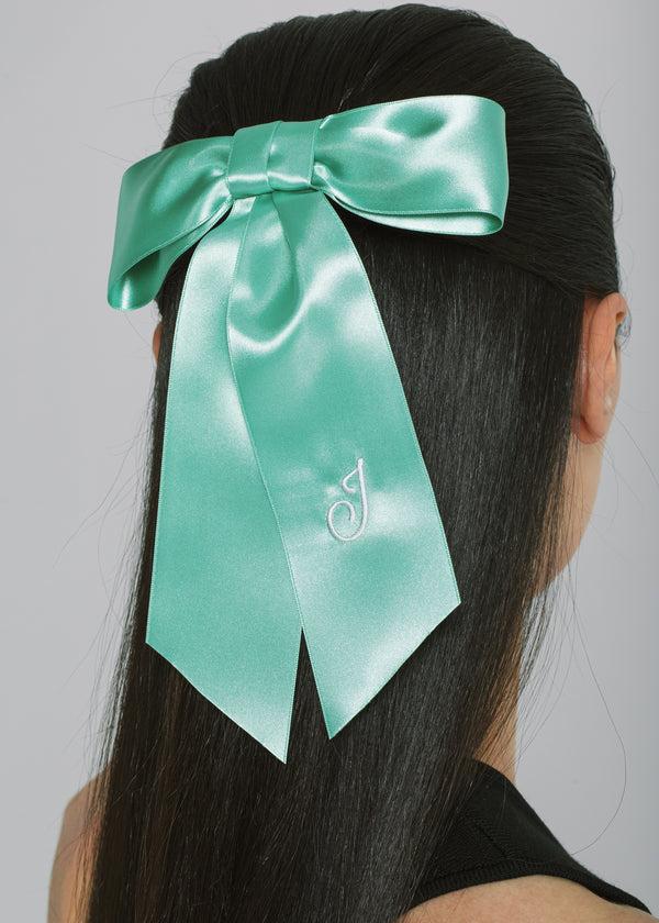 Jennifer Behr Initial April Satin Bow Barrette Celadon