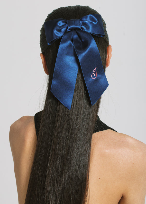 Jennifer Behr Initial April Satin Bow Barrette Navy