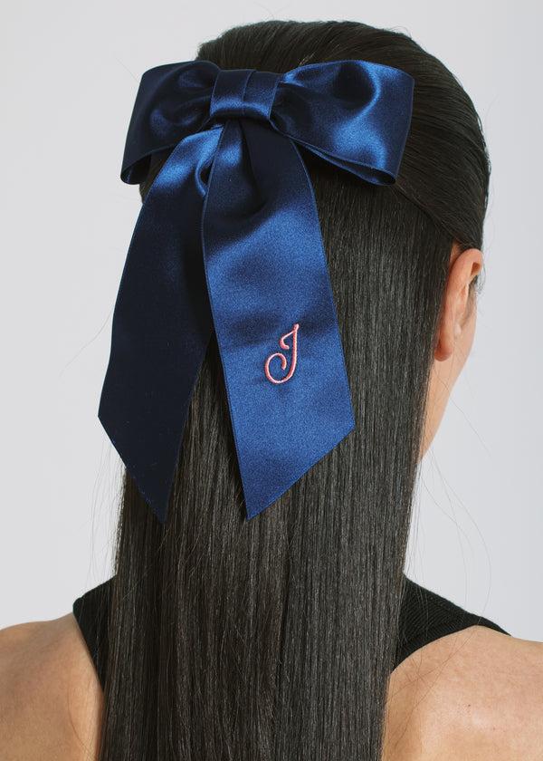 Jennifer Behr Initial April Satin Bow Barrette Navy