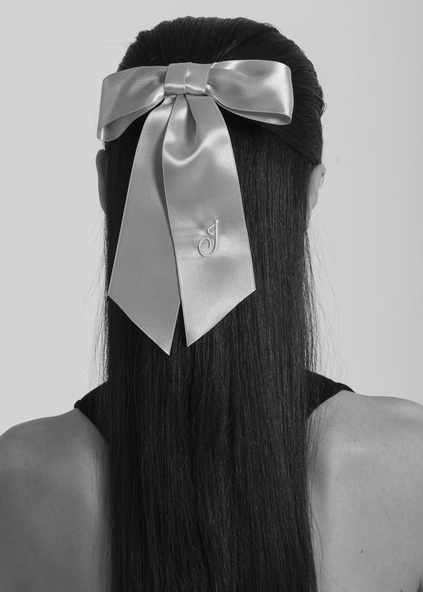 Jennifer Behr Initial April Satin Bow Barrette Powder