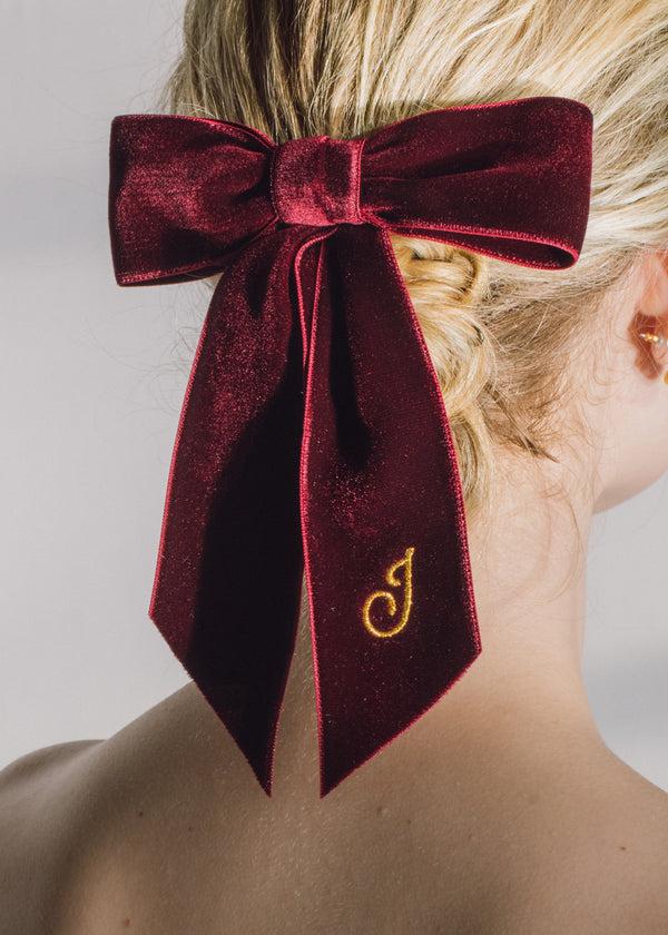 Jennifer Behr Initial Wide Velvet Bow Barrette Pinot