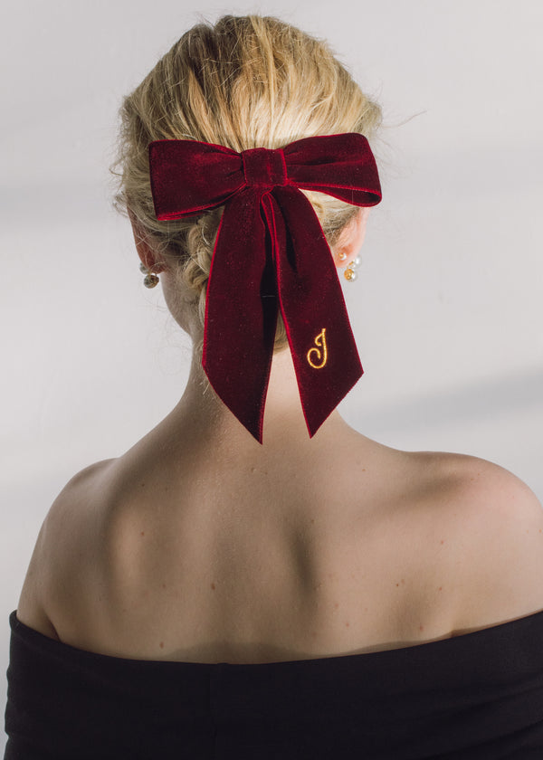 Jennifer Behr Initial Wide Velvet Bow Barrette Pinot