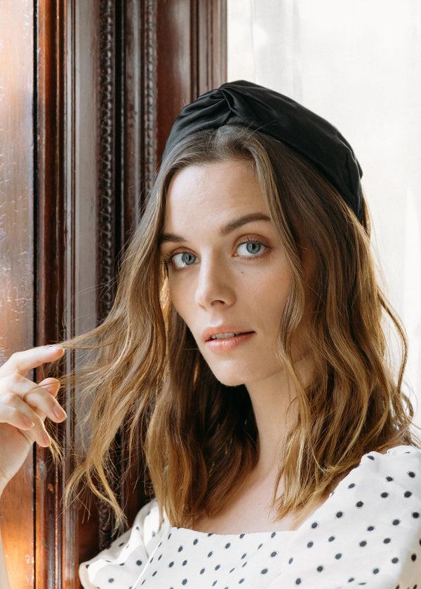 Jennifer Behr Twist Headband In Silk Satin Black