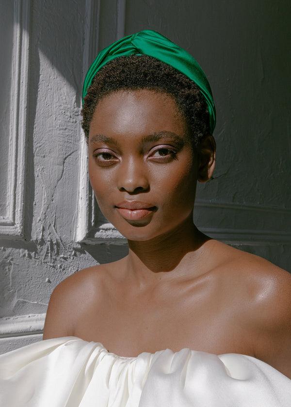 Jennifer Behr Twist Headband In Silk Satin Emerald