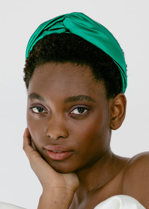 Jennifer Behr Twist Headband In Silk Satin Emerald