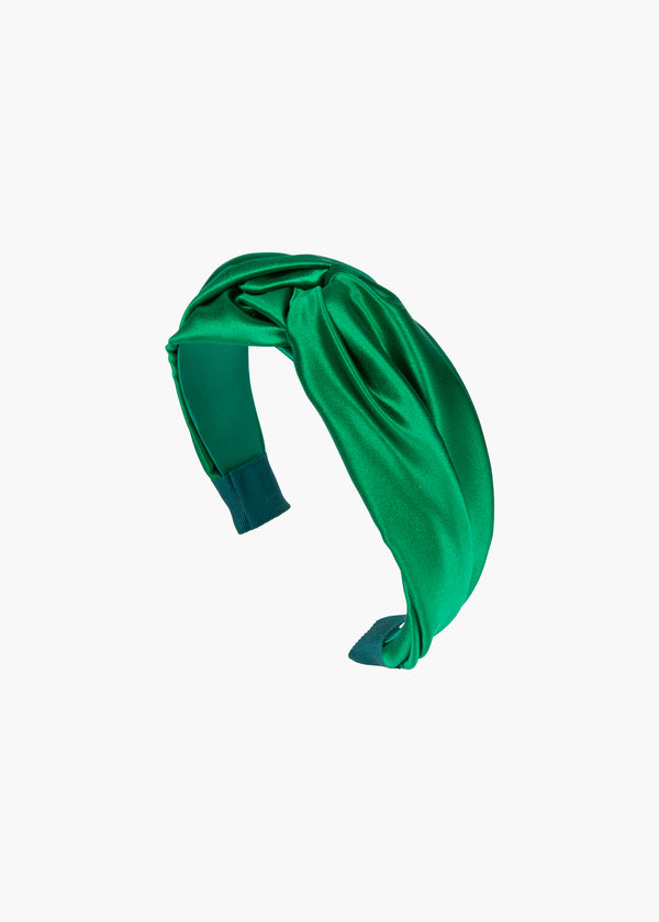 jennifer behr Twist Headband in Silk Satin Emerald