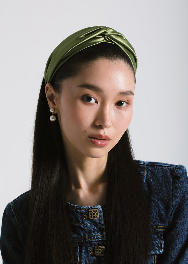 Jennifer Behr Twist Headband In Silk Satin Olive