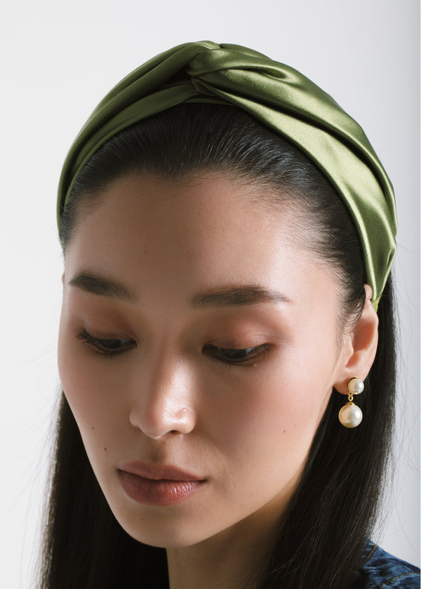 Jennifer Behr Twist Headband In Silk Satin Olive