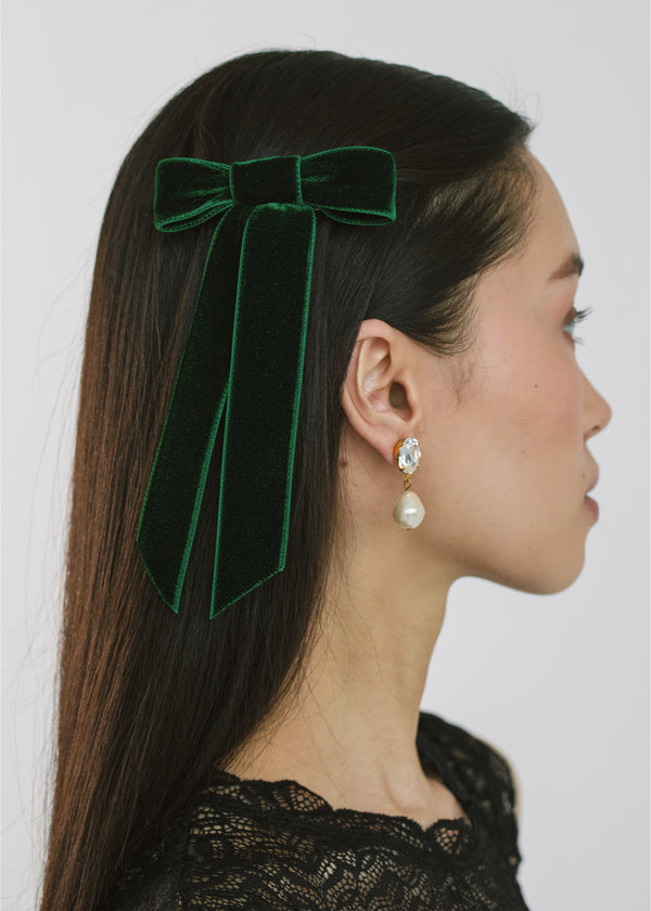 Jennifer Behr Velvet Bow Barrette Emerald