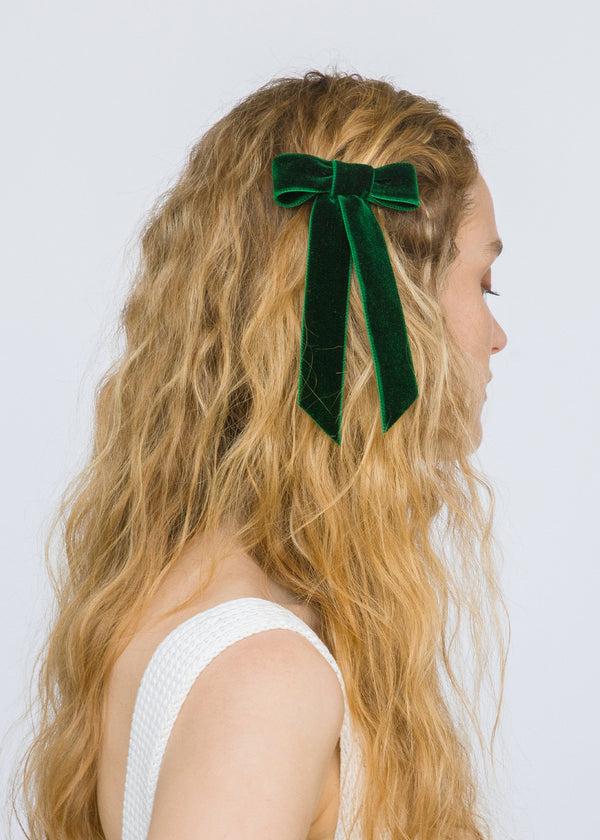 Jennifer Behr Velvet Bow Barrette Emerald