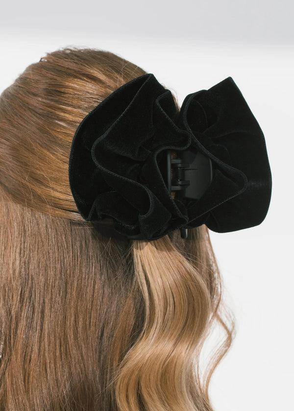 Jennifer Behr Velvet Ruffle Jaw Clip Black