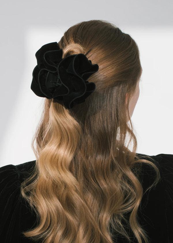 Jennifer Behr Velvet Ruffle Jaw Clip Black
