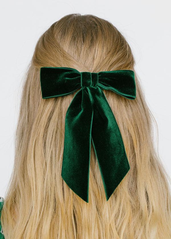 Jennifer Behr Wide Velvet Bow Barrette Emerald