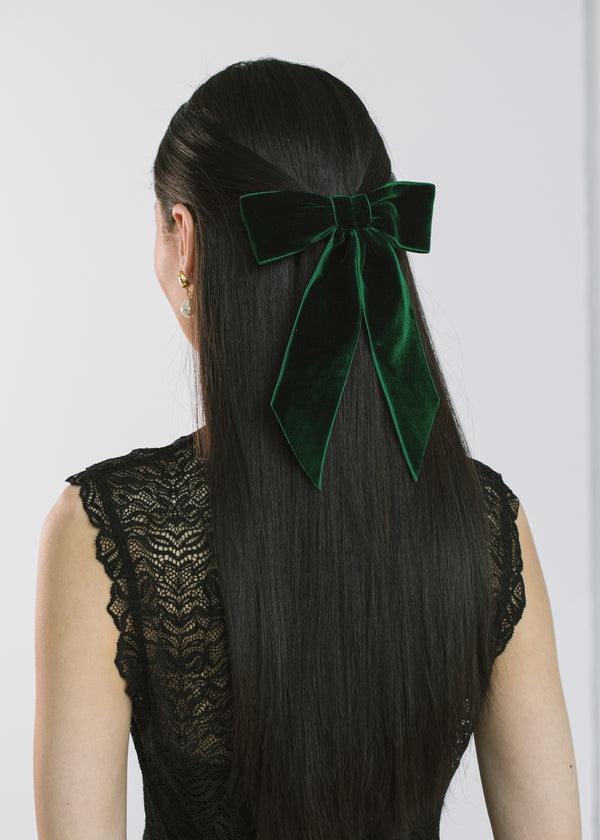 Jennifer Behr Wide Velvet Bow Barrette Emerald