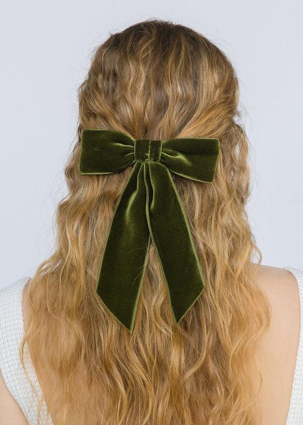 Jennifer Behr Wide Velvet Bow Barrette Moss