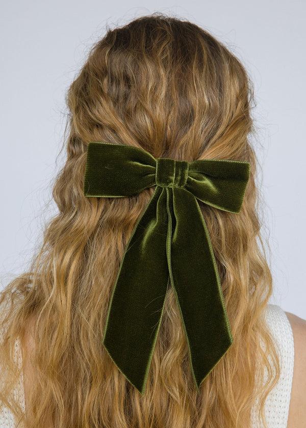 Jennifer Behr Wide Velvet Bow Barrette Moss