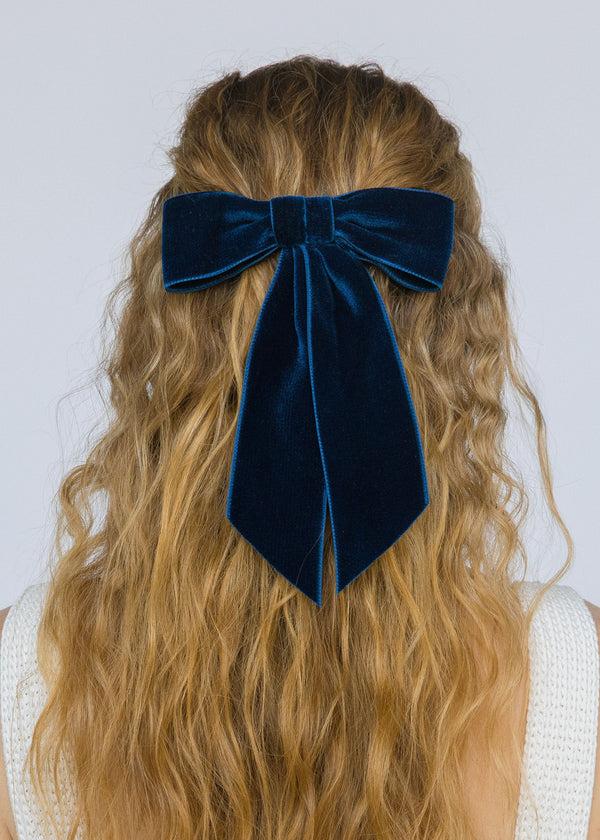 Jennifer Behr Wide Velvet Bow Barrette Prussian